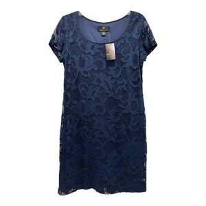 Ronnie Nicole Dress Petite Small Blue Floral Lace Overlay Cocktail Wedding Guest